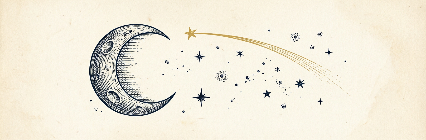 A vintage ink engraving of a crescent moon with a gold shooting star arcing across a scattering of stars.