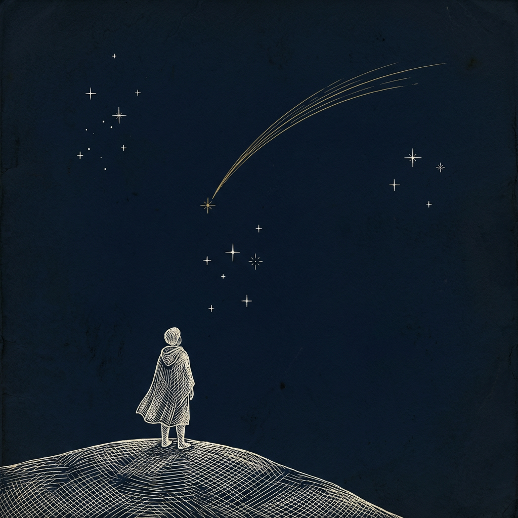 A small figure on a hilltop watching a gold shooting star arc across a midnight sky.